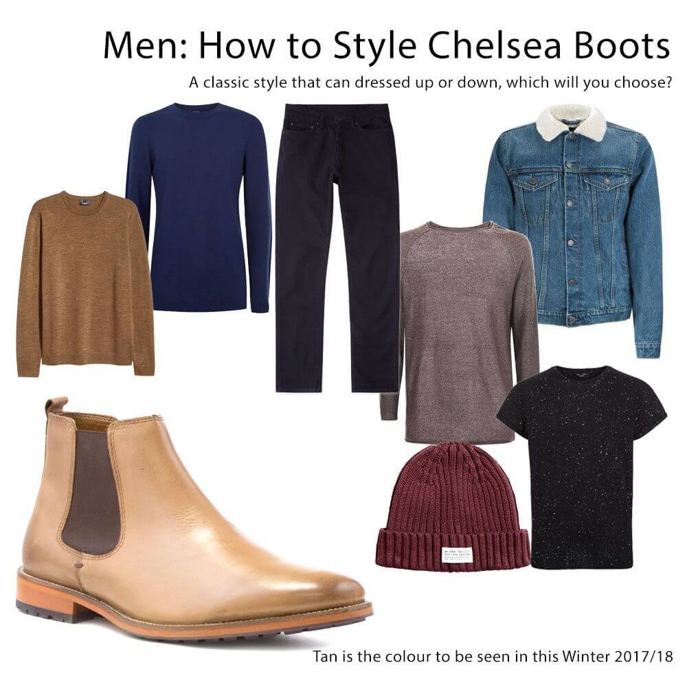 beanie, jeans jacket, three knitted sweaters in navy, grey and beige, a black t-shirt and tan chelsea boot with small heel