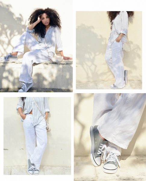  4 images of a woman in a striped linen shirt, wide-legged white trousers and grey canvas shoes