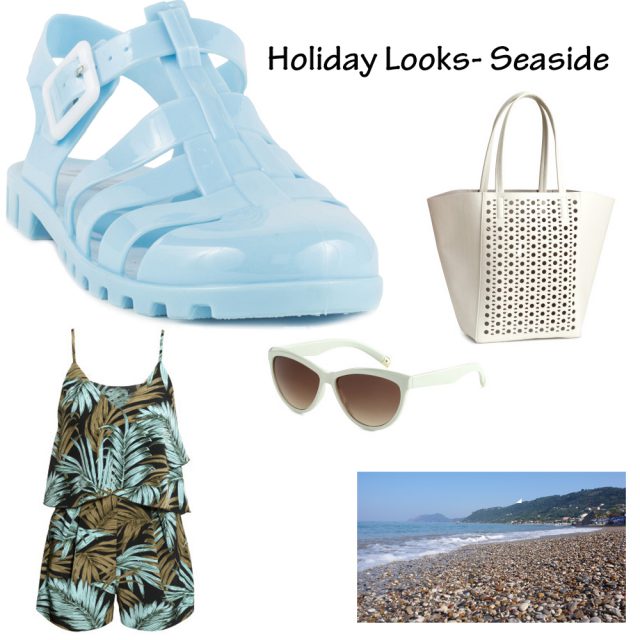 seaside clothes: shoezone Turquoise Jelly Sandals, playsuit,bag ,sunglasses
