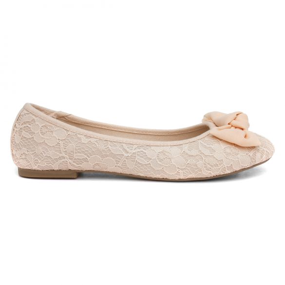 flat peach-colored ballet shoe with a pink bow