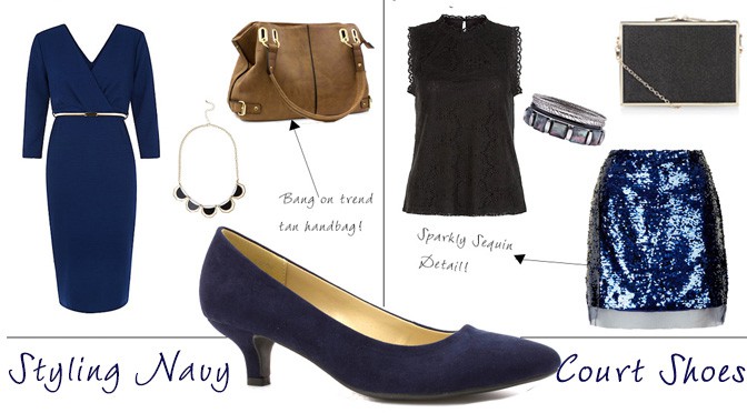 navy dress, skirt,heel, black vest blouse, clutch and a ring