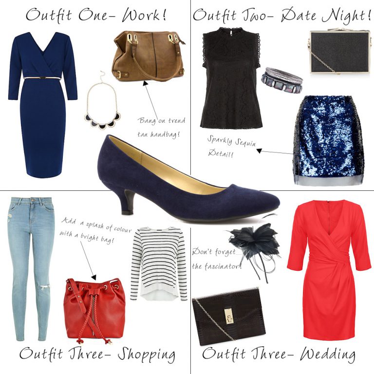 outtfit variations- red dress and bag, casual striped sweater and light wash jeans. Accessories such as a black clutch bag and black fascinator