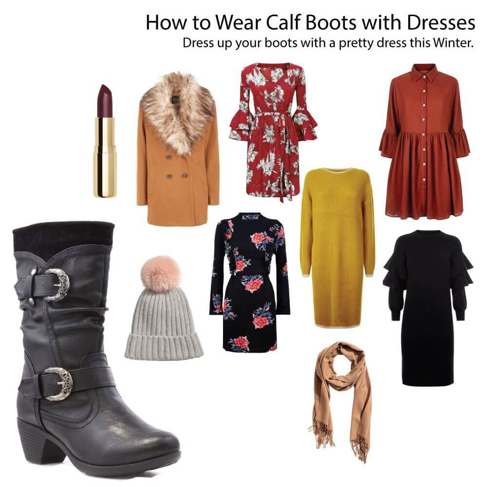 an assortment of mid-length and longer dresses in different colors, a grey bobble hat, a beige scarf, dark red lipstick and black calf boots with buckle straps and a small heel