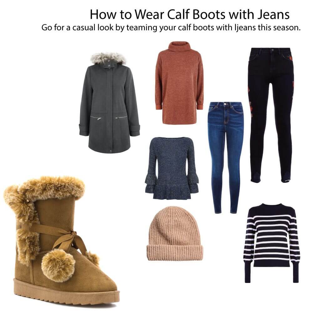 a grey parka, black and blue skinny jeans, three jumpers in navy, burnt orange a striped black/white, a beige beanie and brown suede platform calf boots with  fur lining and fur pompoms