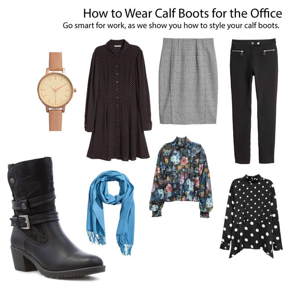 a grey penicl skirt, blue floral blouse, polka dot long blouse, black suit trousers, brown dotted collared dress, beige watch, blue scarf and black boots with heel.