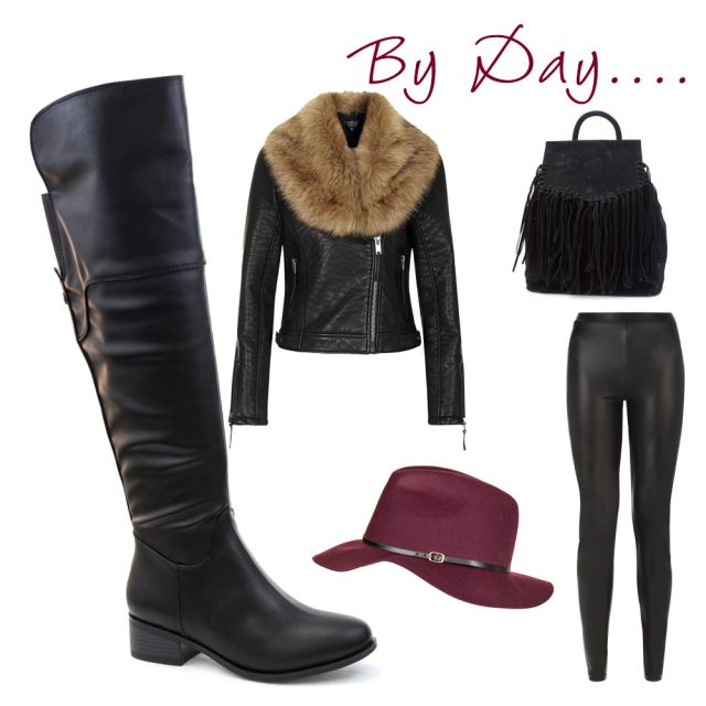 maroon fedora, black leather leggings, black leather jacket with fur trim, black backpack with fringe on the front and knee high black boots with small heel
