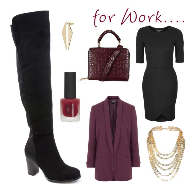  maroon blazer and handbag, black wrap dress, red nail polish, gold layered necklace and earrings and knee high black boots with medium heel
