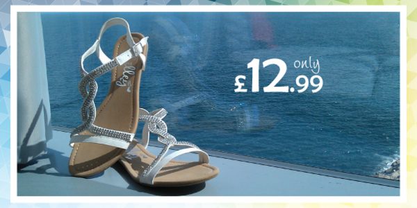 white sandals with twisted silver diamente detail