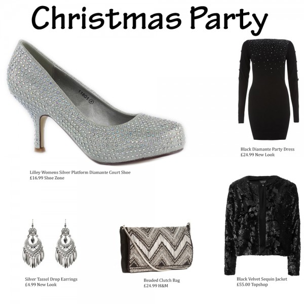 Lilley Womens Silver Platform Diament Court Shoe, Black diamente party dress(New Look), Silver Tassel Drop Earrings(New Look), Beaded Clutch bag(H&M) Black velvet sequin jacket(Topshop)
