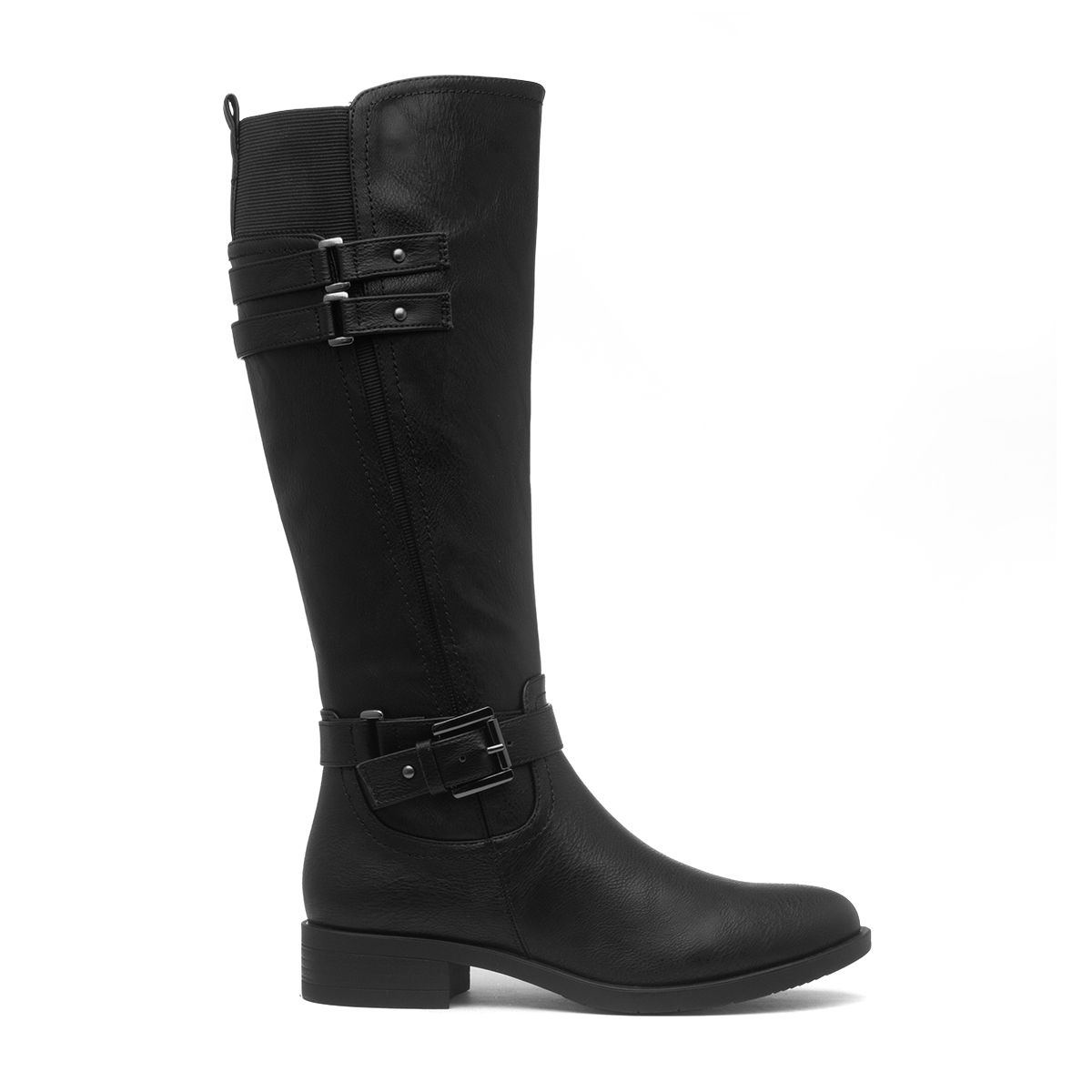 black knee high riding boot with buckles