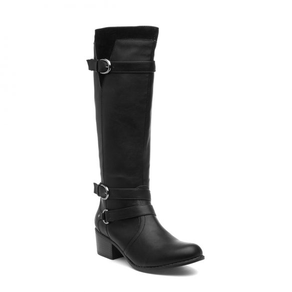 black knee high riding boot with buckles