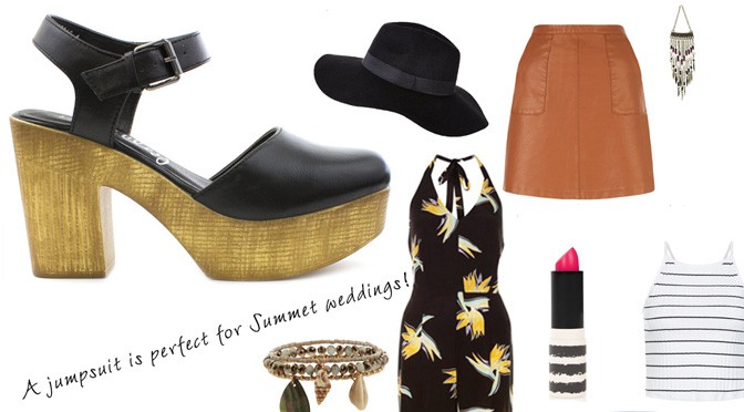 black sandal with tan heel, black fedora hat, sunflower pattern jumpsuit, pink lipstick and beaded acccesories
