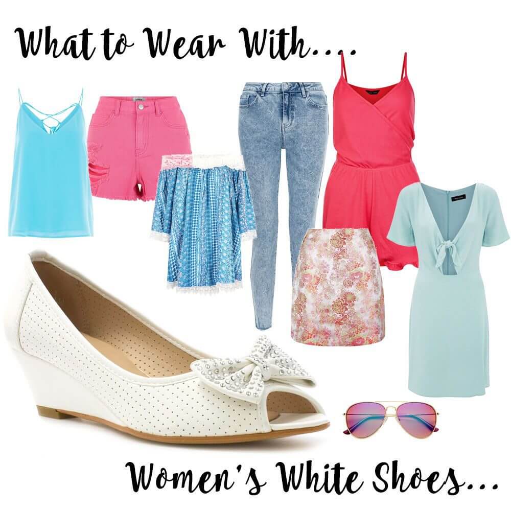 sunglasses, vest tops, off the shoulder tops, colourful shorts, skirts and dresses and a white laser cut design ballet slipper