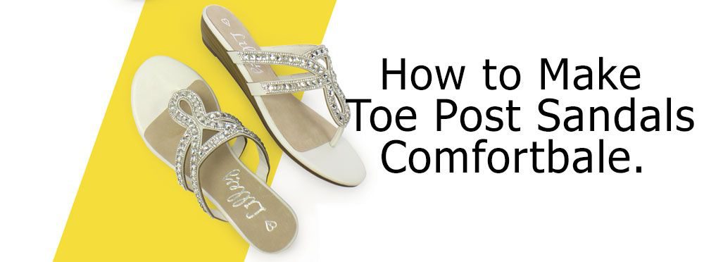  white toe post sandals with silver gems and loop design next to subtitle:how to make toe post sandals comfortable