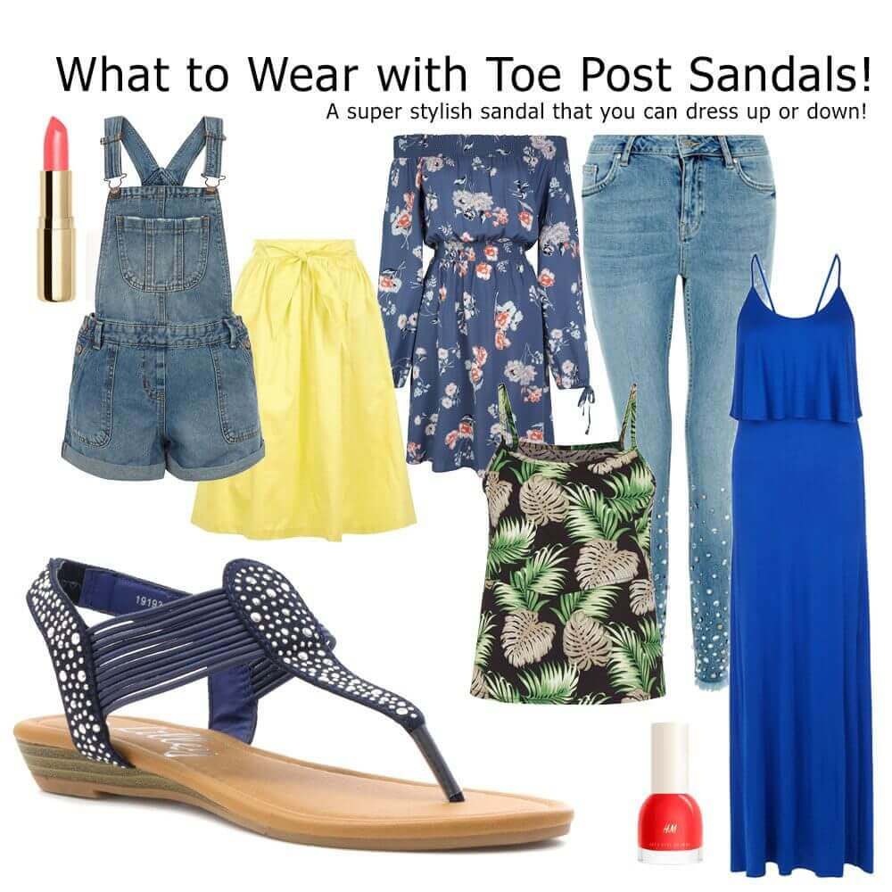 a collection of cloths such as short dungarees, yellow midi skirt, blue dresses, jeans , a tropical lef vest and finally blue studded toe post sandals and a lipstick