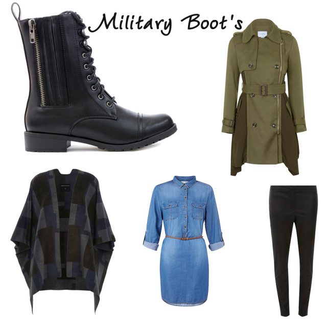  denim dress, cape, leggings, khaki jacket and military boots