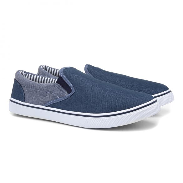 dark blue easy slip on canvas shoe with white sole