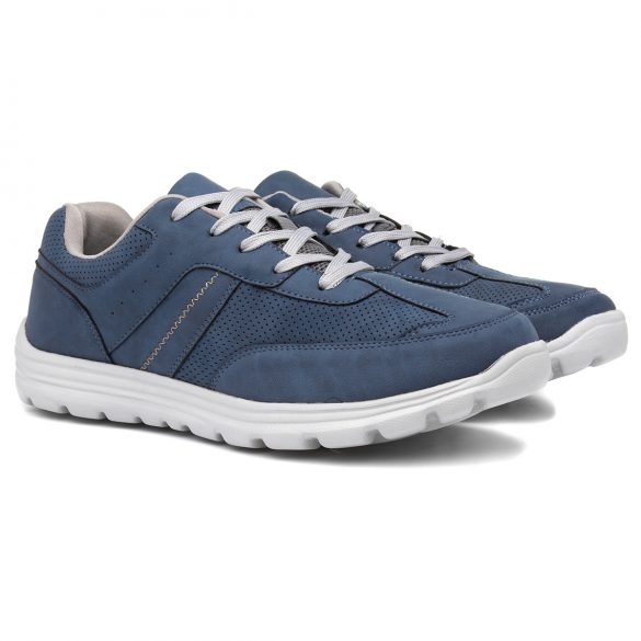dark blue trainers with white sole and white laces