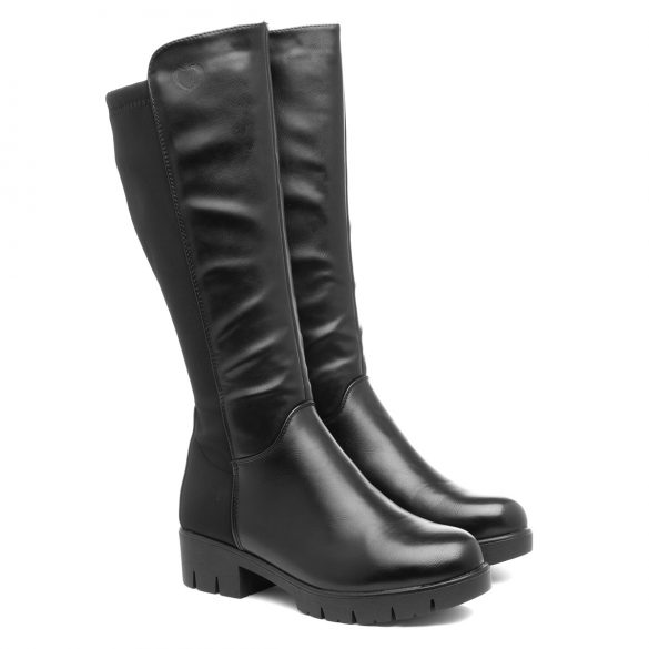 knee high black boots with side zip and small heel