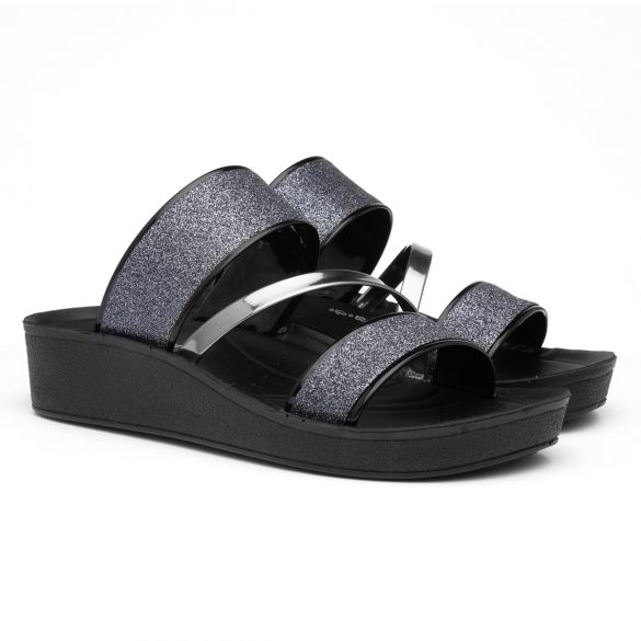 Lilley Womens Black Glitter Wedge Mule Sandal